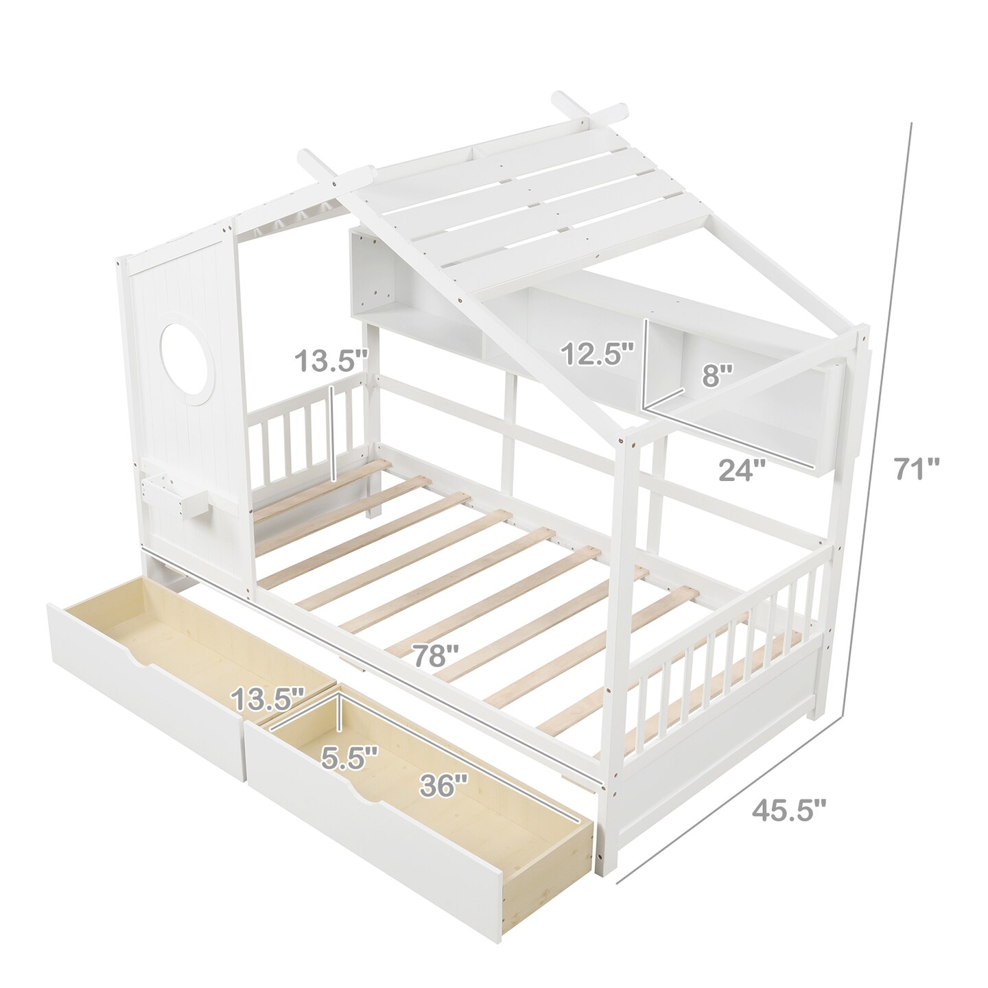 Twin Size Pine Wood House Bed with Storage Drawers, Guardrails and Shelves