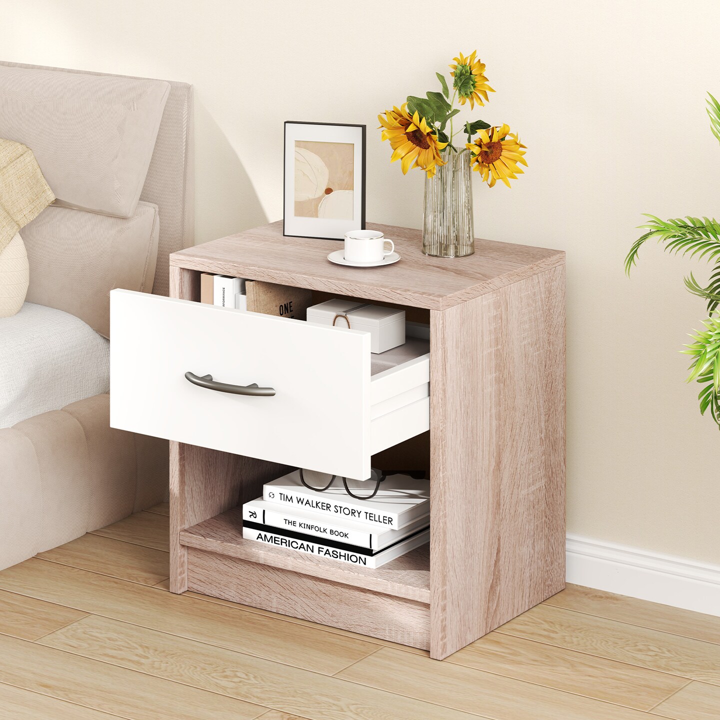Nightstand with Drawer, Open Shelf, Modern Design and Sturdy Structure
