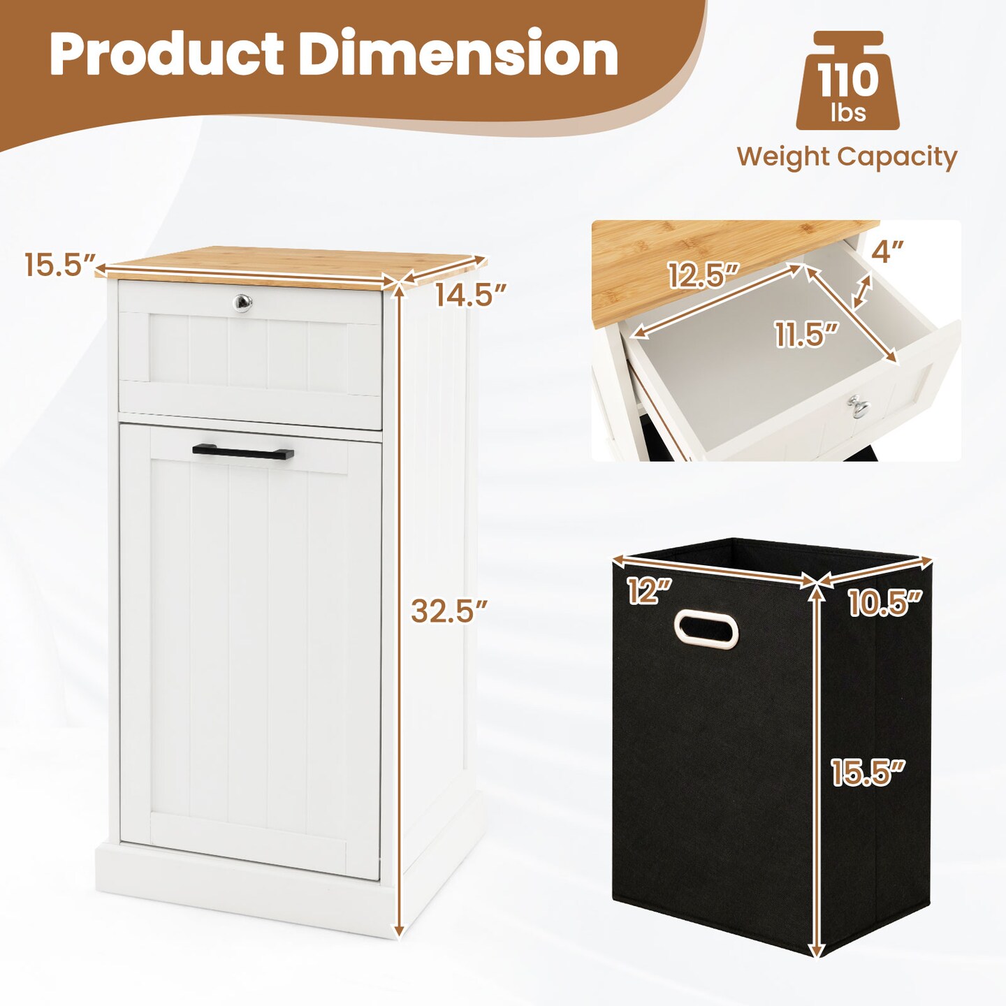 White-Natural Wicker and MDF Laundry Hamper with Tilt-Out Cabinet, Storage
