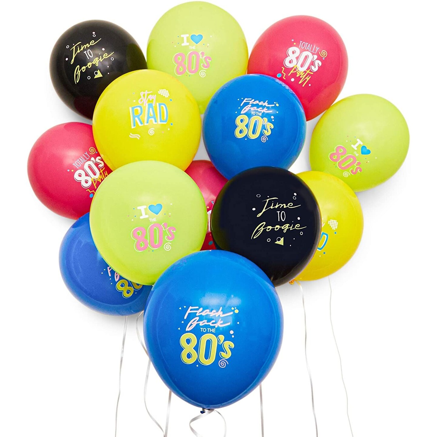I Love The 80's Party Balloons in 5 Colors, Flash Back to The 80's, Stay Rad, Time to Boogie (12 Inches, 50-Pack)