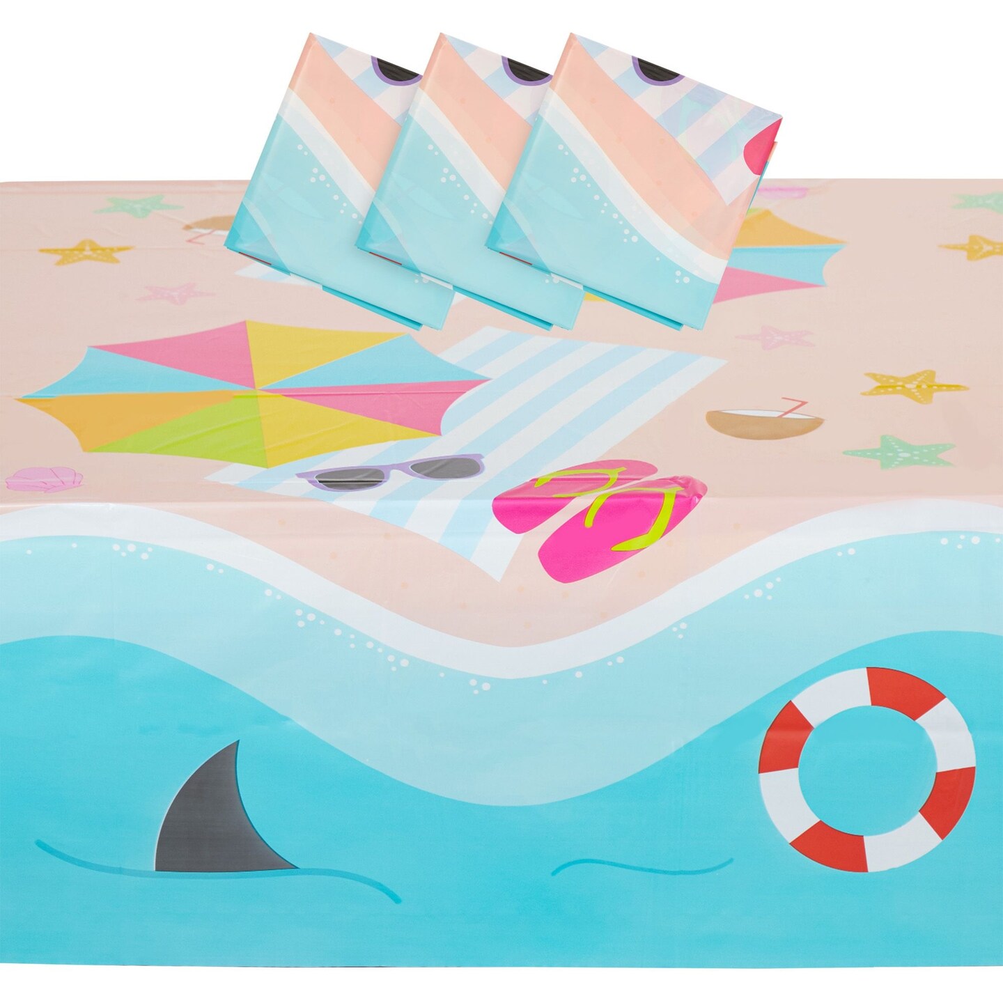 Summer Beach Pool Party Table Cover Plastic Tablecloth (54 x 108 inch, 3 Pack)