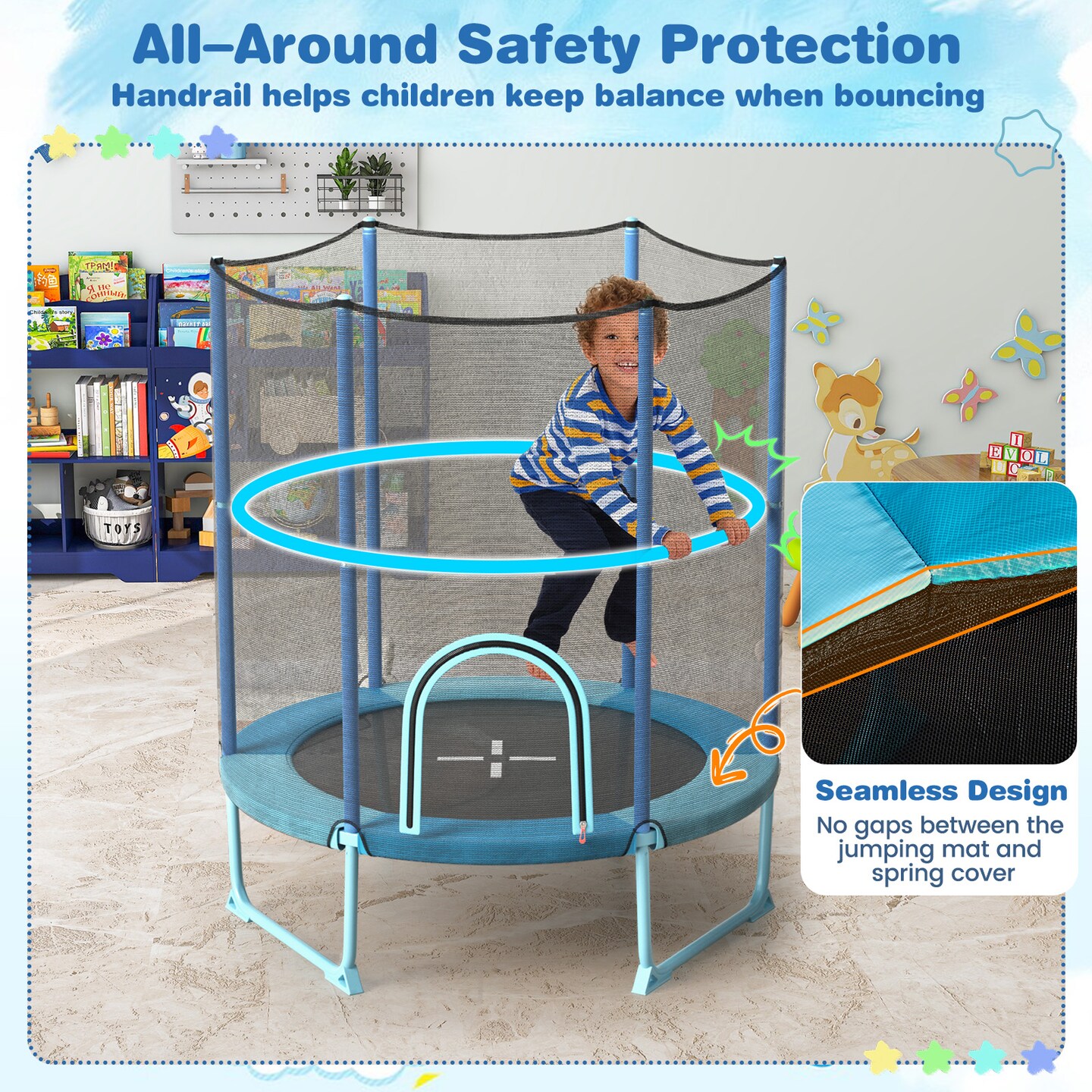 Metal Kids Trampoline with Gymnastic Bar and Safety Net