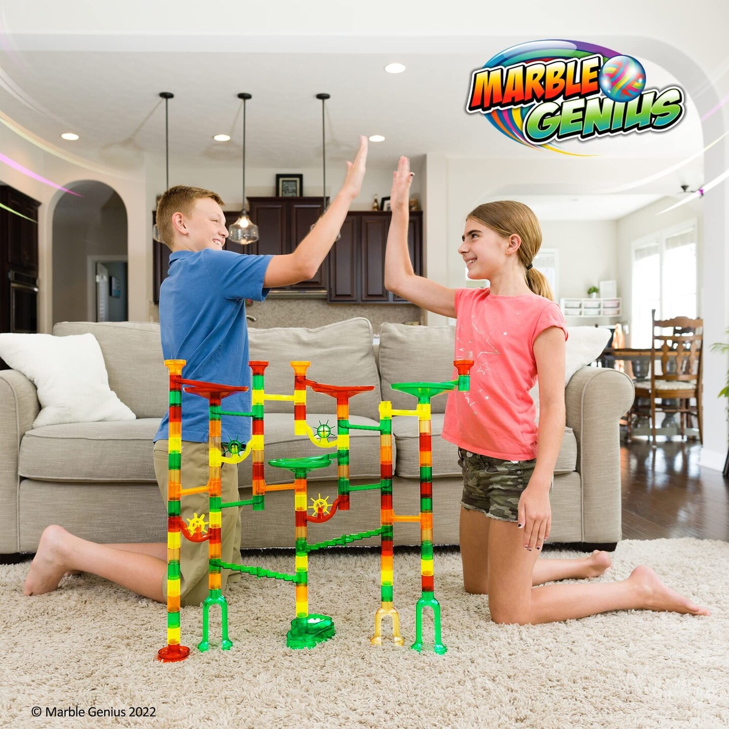 Marble Genius Marble Run Starter Set STEM Toy for Kids Ages 4 - 12 - 130 Complete Pieces (80 Translucent Marbulous Pieces and 50 Glass Marbles), Construction Building Block Toys, Theme (Dinosaur)