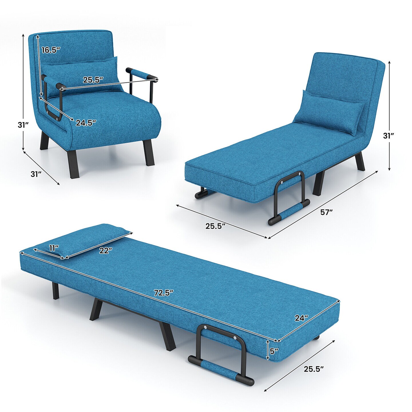 3-in-1 Versatile 6-Positon Adjustable Sleeper Bed with Padded Seat and Back
