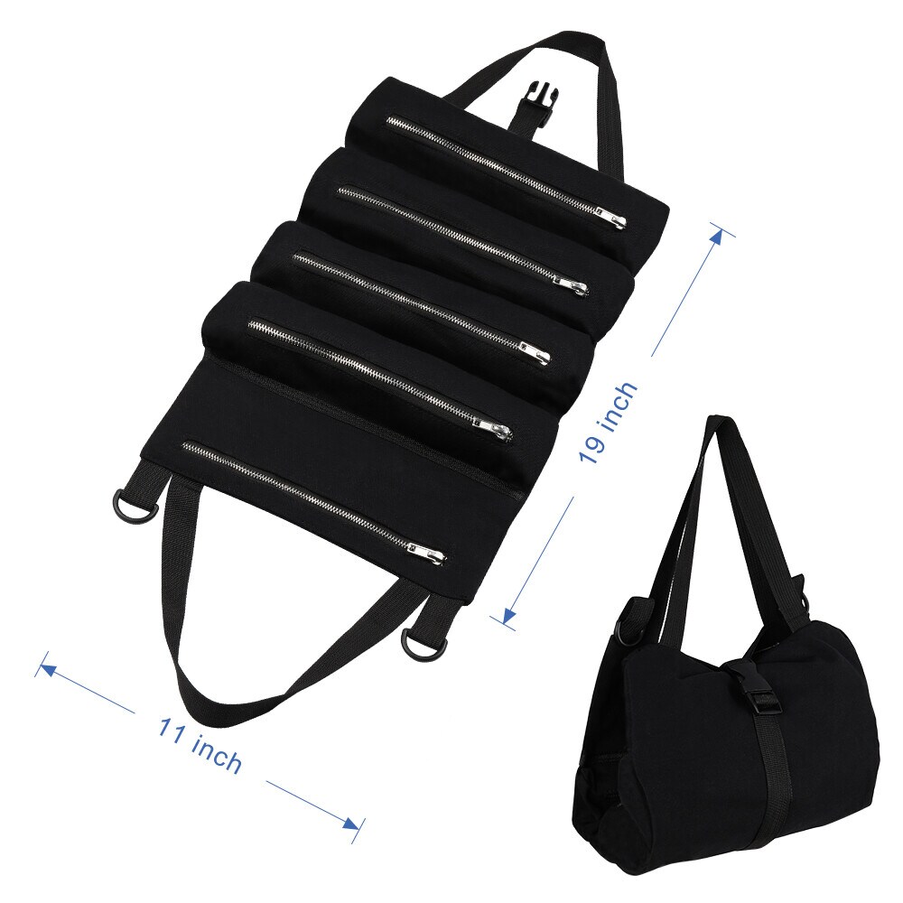 Portable Multi-Purpose Roll-Up Tool Organizer Bag - Heavy-Duty Waterproof Waxed Canvas Wrench Roll with Zippered Pockets &#x26; Buckles for Tools, Survival Kits, and DIY Supplies (Black)