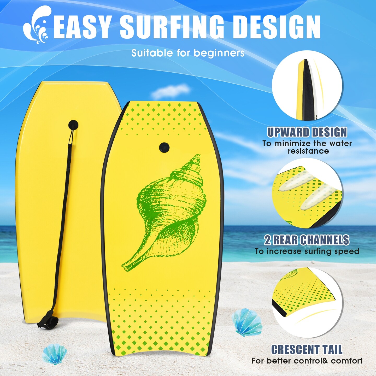 Yellow Bodyboard XPE EPS HDPE Crescent Tail Leash Lightweight Buoyant