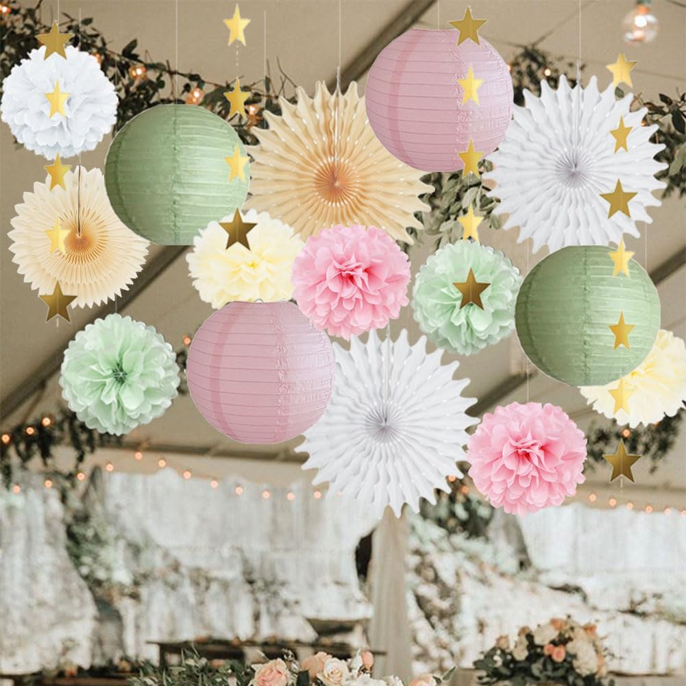 Sage Green and Pink Party Decorations Paper Lanterns Decorative Pink Gold Tissue Paper Pom Poms Sage Green Party Decorations Gold Star Garland for Baby Shower Bridal Shower Birthday Wedding Engagement