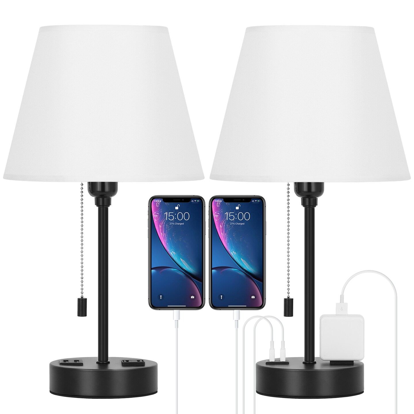 Set of 2 Modern Bedside Table Lamps &#x2013; Dual USB Charging Ports &#x26; AC Outlet, Sleek Fabric Shade &#x26; Metal Base &#x2013; Nightstand Lamps for Bedroom, Office, or Dorm