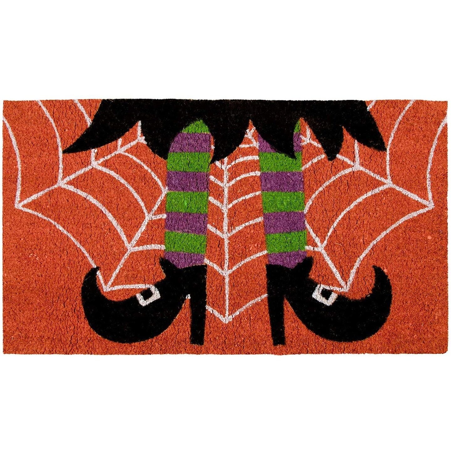 Juvale Witch Door Mat, Coco Coir Halloween Front Door Mat, Spooky Witch&#x2019;s Leg and Spider Web Halloween Rug, Decor for Porch, Patio, and Entryways, Nonslip Front Rug, Weather-Resistant (30 x 17 Inch)