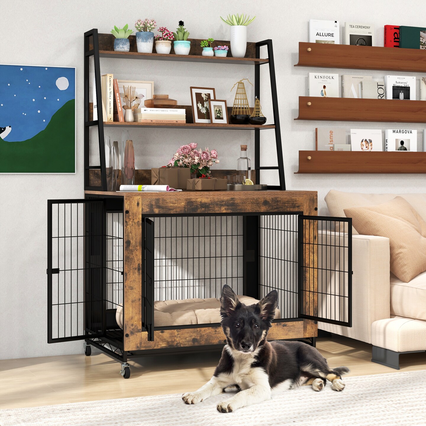 MDF Metal Dog Crate with Storage Shelves and Wheels and Flip-Top