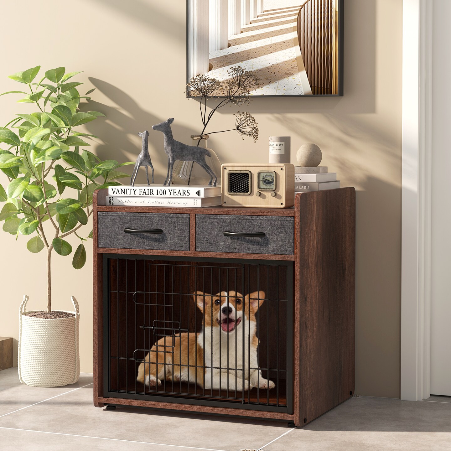 Brown Dog Crate Cage End Table with 2 Fabric Drawers Ideal for Small or Medium Pets