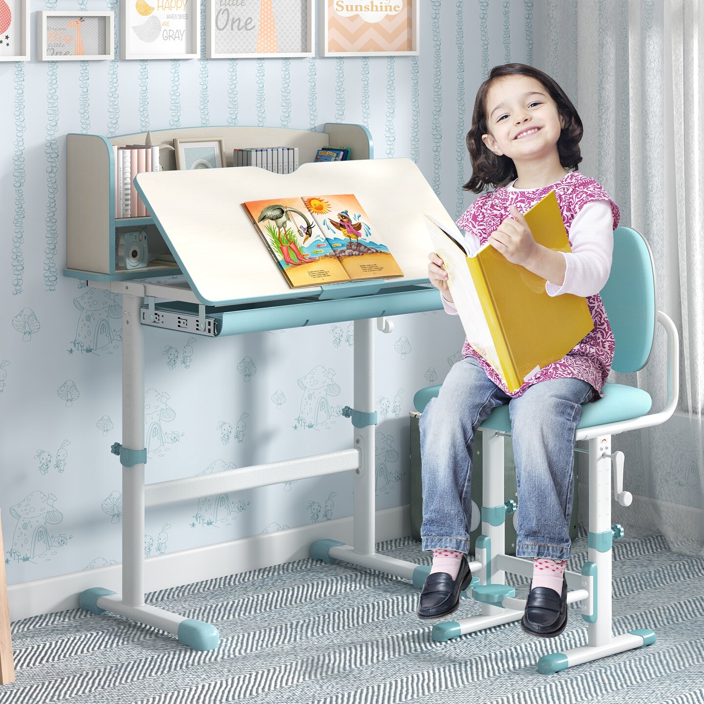 Adjustable Kids Study Desk, Tiltable and Height-Adjustable with Storage