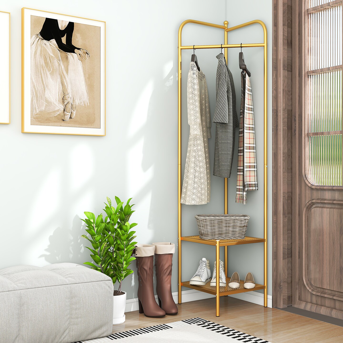 Corner Coat Rack with Top Hanger and 2 Mesh Shelves for Entryway