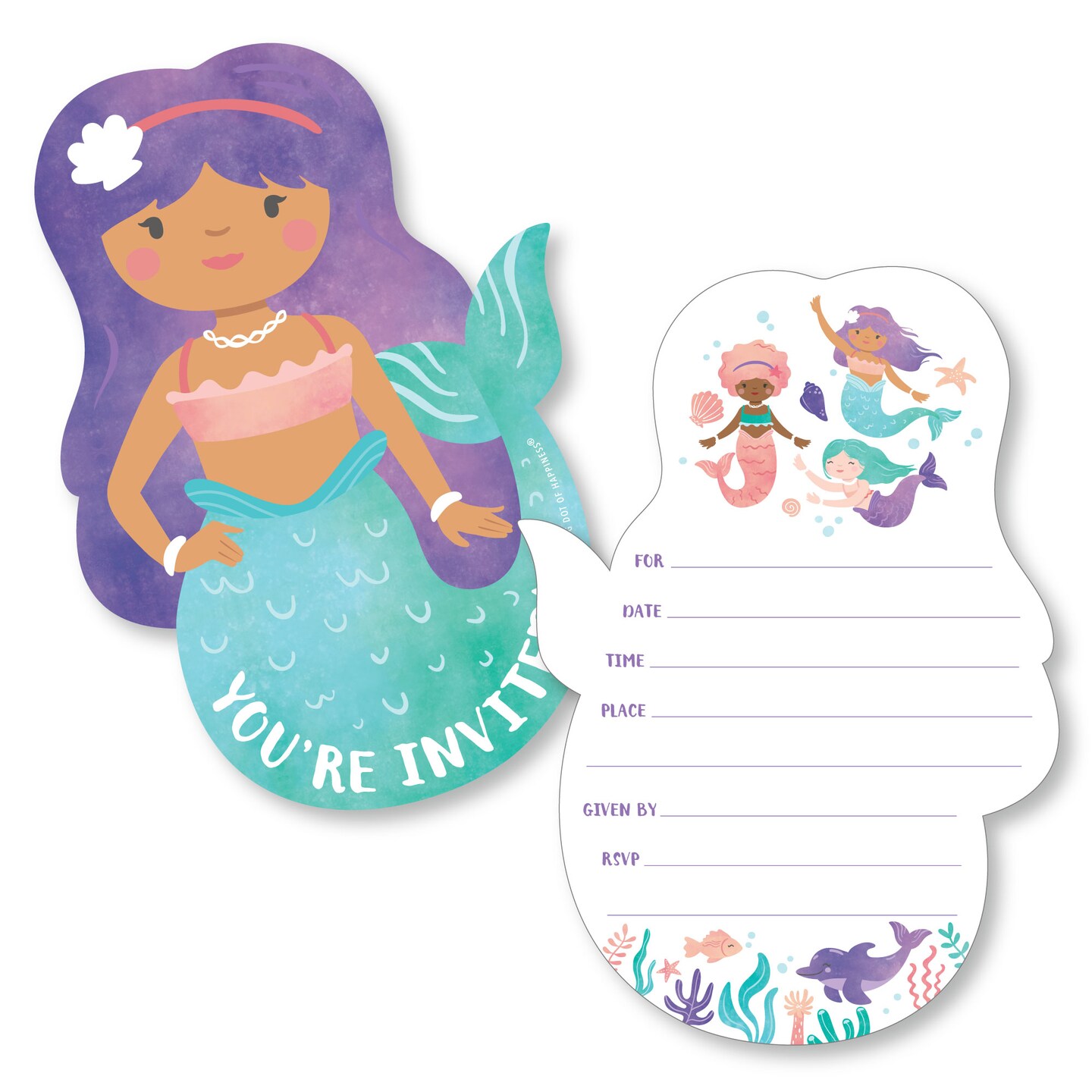 Big Dot of Happiness Mermaid Birthday Invitations, You&#x27;re Invited Mermaid-Shaped Party Fill-In Invitation Cards with Envelopes, Set of 12