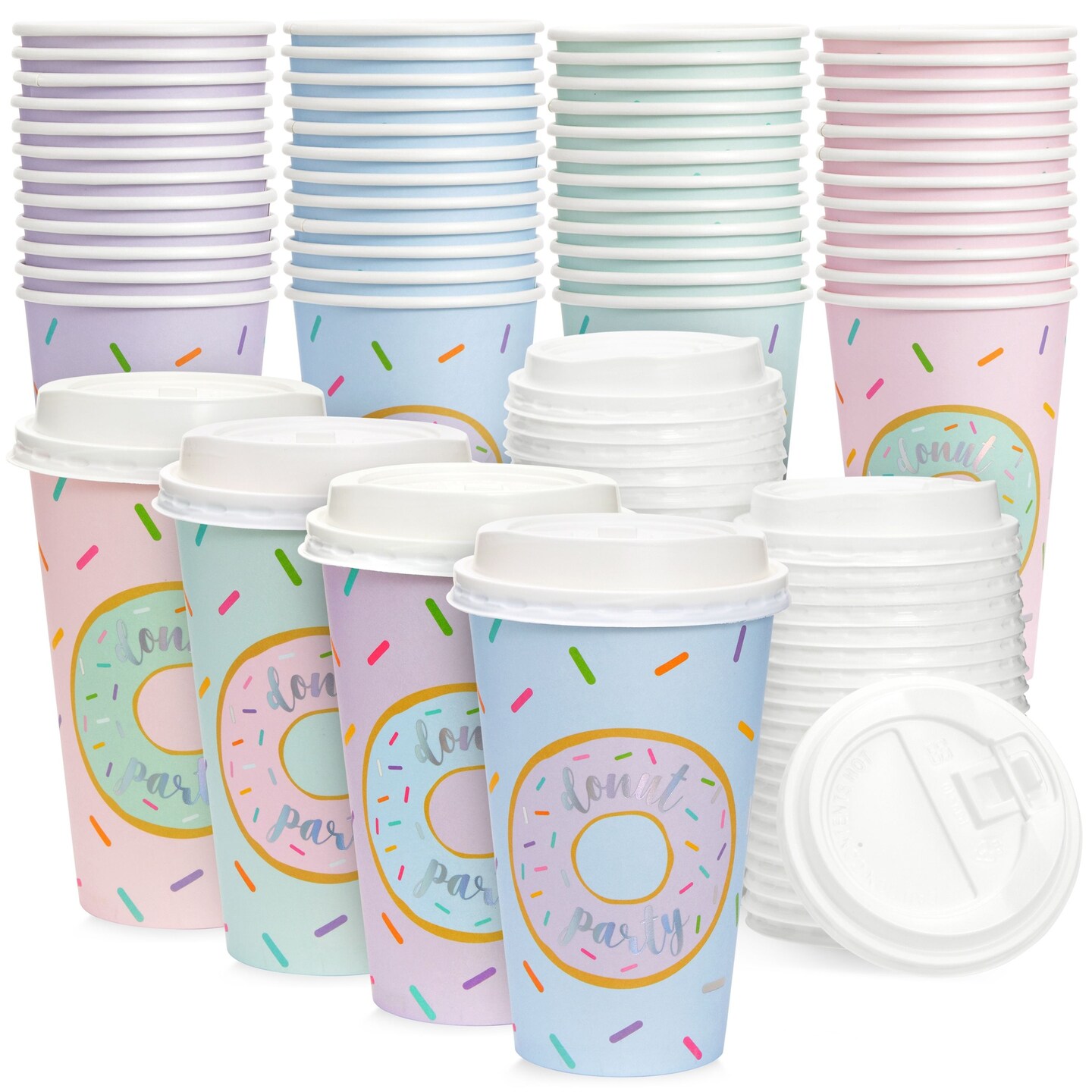 48 Pack Disposable 16oz Coffee Cups with Lids - Donut Party Supplies - Paper To Go Cup for Themed Birthday Party, Wedding, Baby Shower