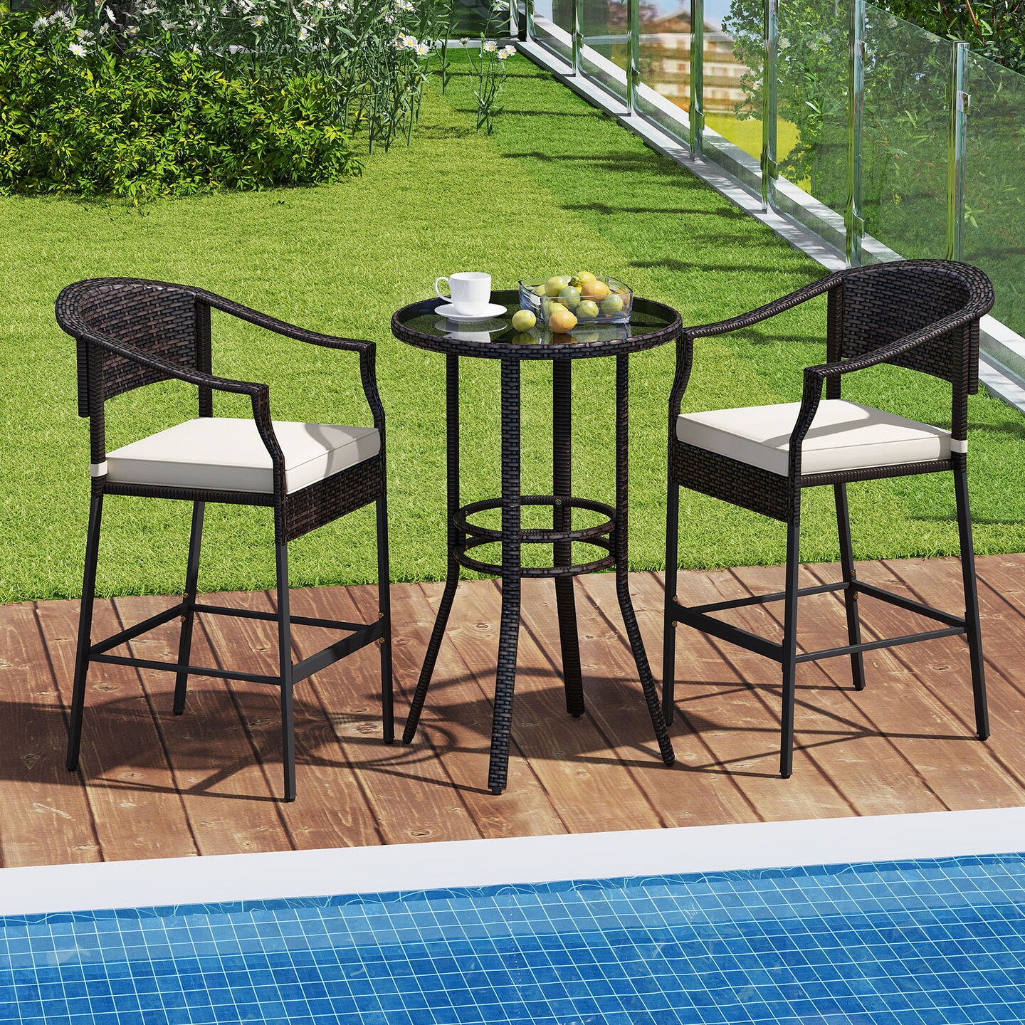 3-Piece Patio Rattan Bar Set with Round Glass Table-Top and 2 Armchairs