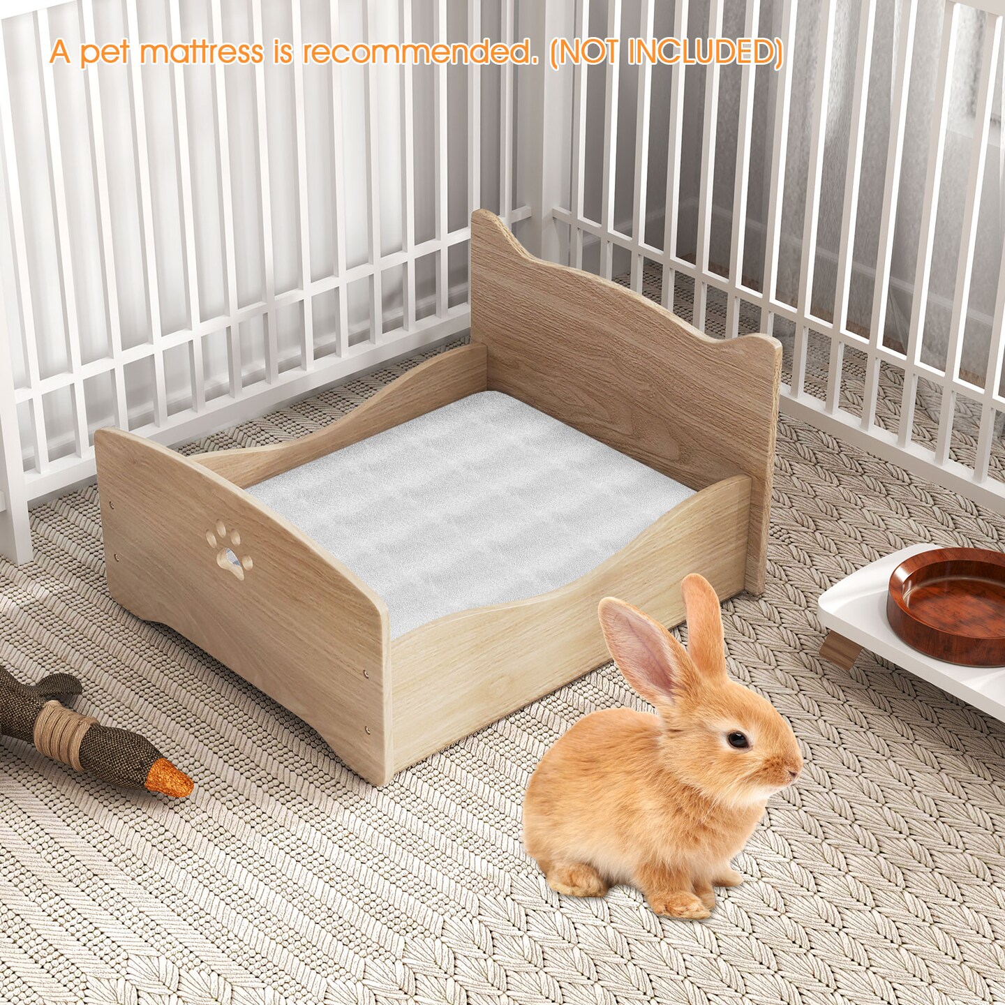 Natural Elevated Pet Bed Frame with Rails and Cute Headboards Ideal for Indoor Small Pets