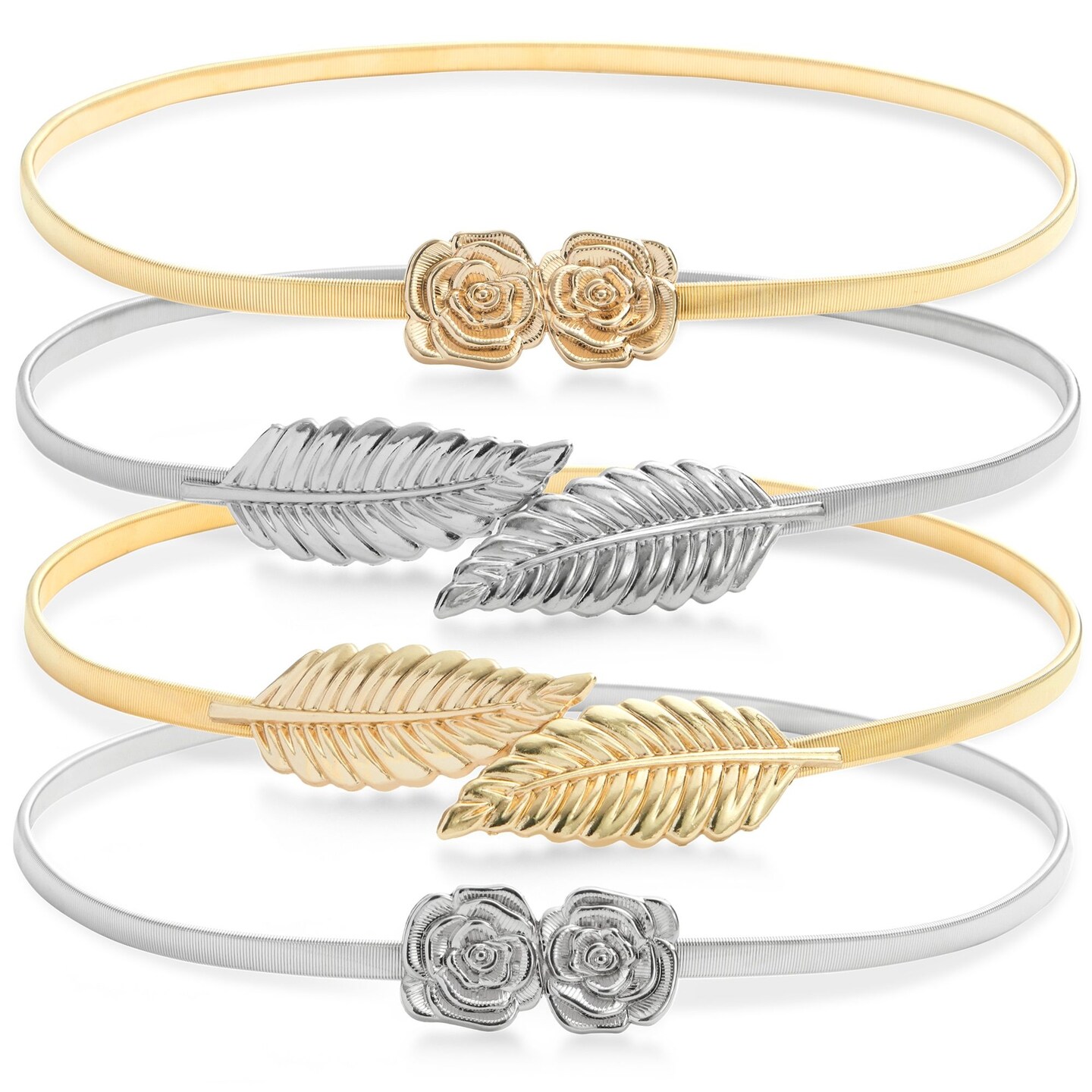 Juvale 4-Pack of Adjustable Fancy Dress Belts for Women, Skinny Stretch Metallic Waist Belts for Dresses, Blouse, Leaf and Rose Designs, Silver and Gold (27x0.35 In)