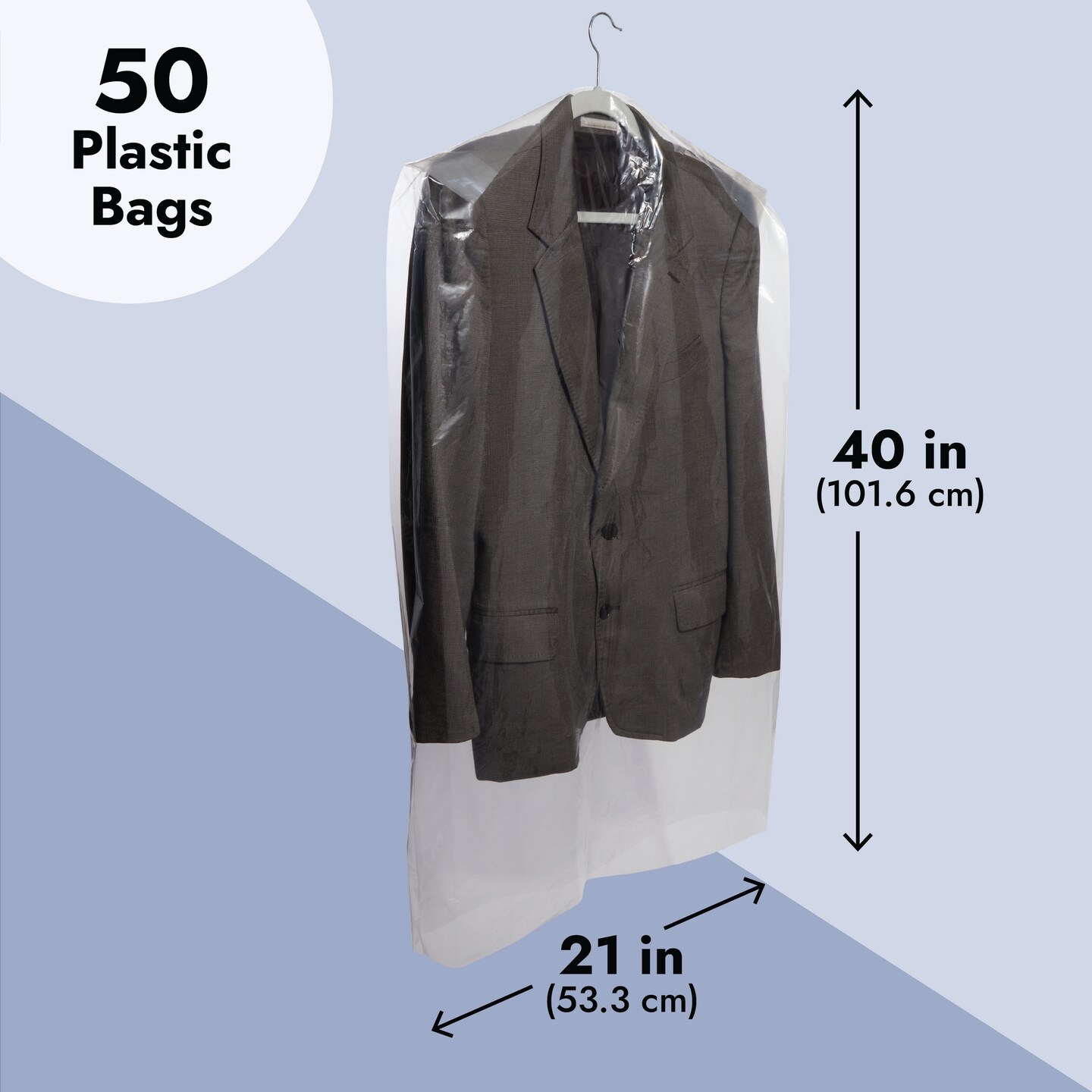 50 Pack Clear Plastic Garment Bags for Hanging Clothes, Dry Cleaning Bags for Suits, Shirts, Dresses (21 x 40 Inch)