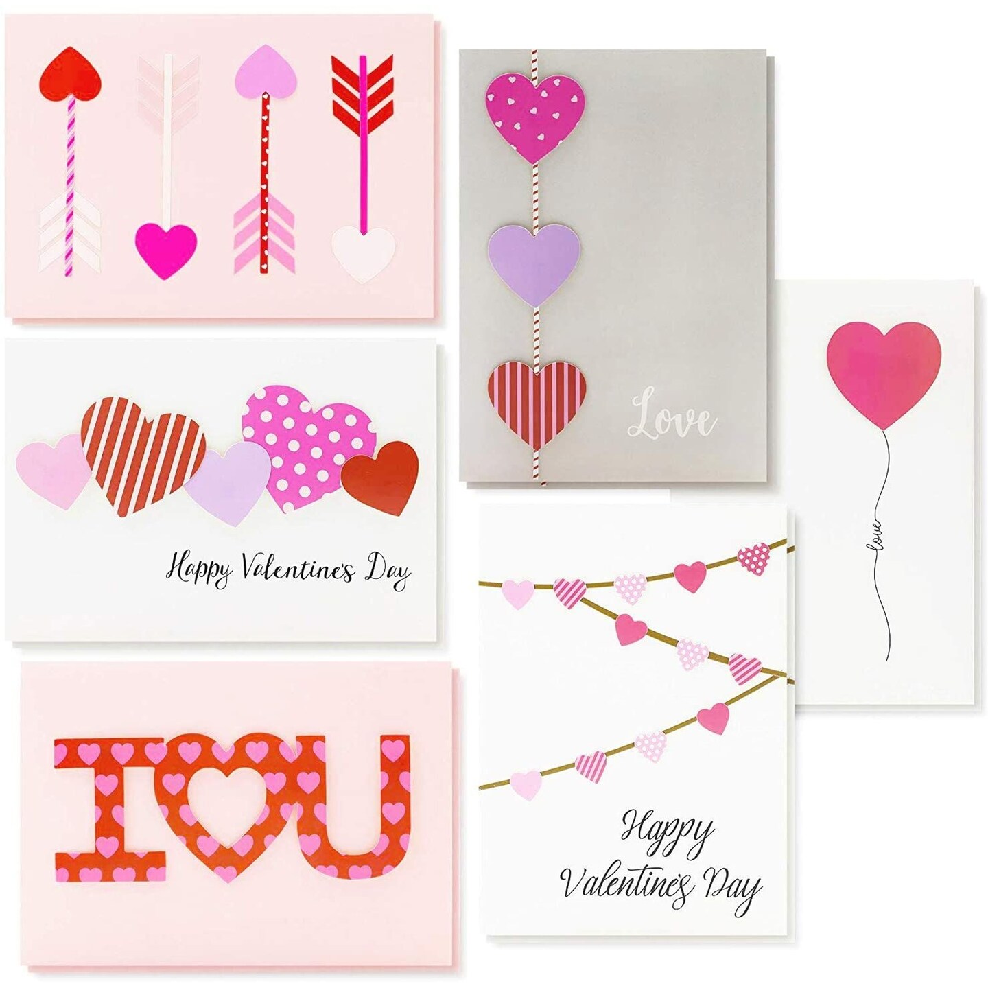 BEST PAPER GREETINGS Card Set - 5 x 7 in, 12-Pack, 6 Assorted Heart Designs - Valentine Card With Envelopes & Love Note Stationery
