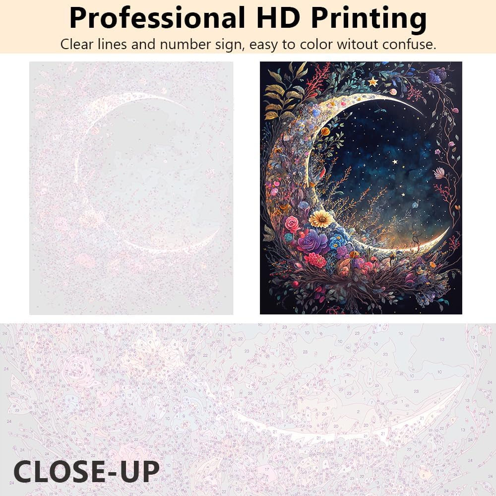Paint by Numbers for Adults – Moon Floral Canvas DIY Painting Kit, 16x20in