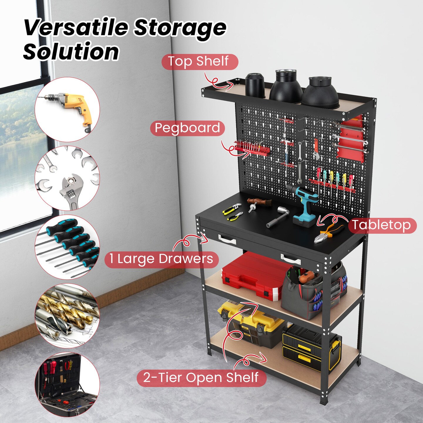 Freestanding Tool Storage Workbench with Pegboard with 14 Hanging Accessories and 2 Drawers