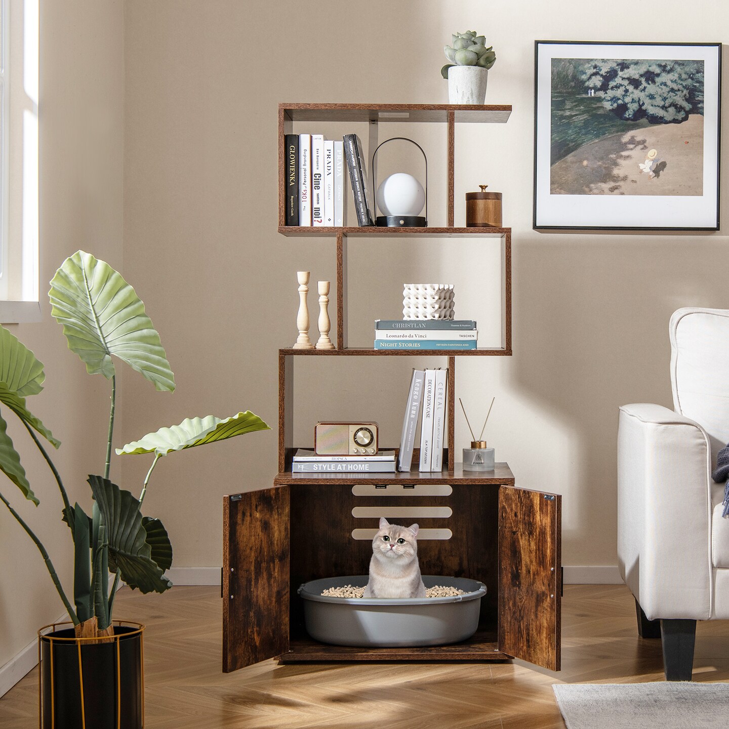 MDF Metal Cat Cabinet with Shelves and Litter Box Enclosure