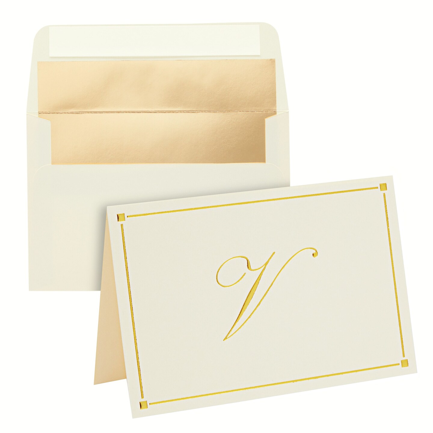 Gold Foil Letter V Personalized Blank Note Cards with Envelopes 4x6, Initial V Monogrammed Stationery Set (Ivory, 24 Pack)