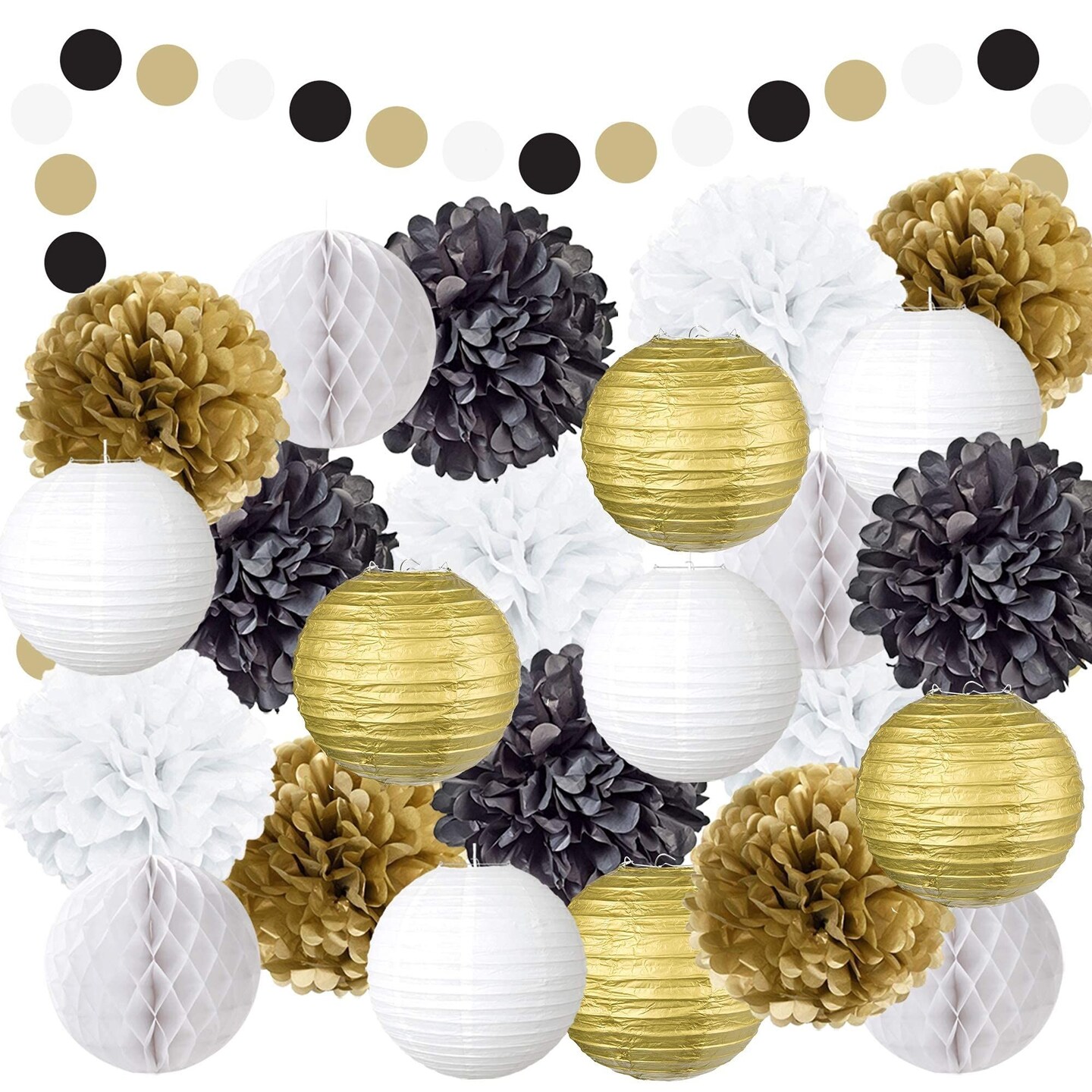EpiqueOne 22 PIece Birthday Decorations Kit; Party Decorations for Birthdays, Bachelorette, Bridal Showers, Engagements, Weddings, & More; Tissue Pom Poms & Paper Lanterns (Black, Gold, & White)