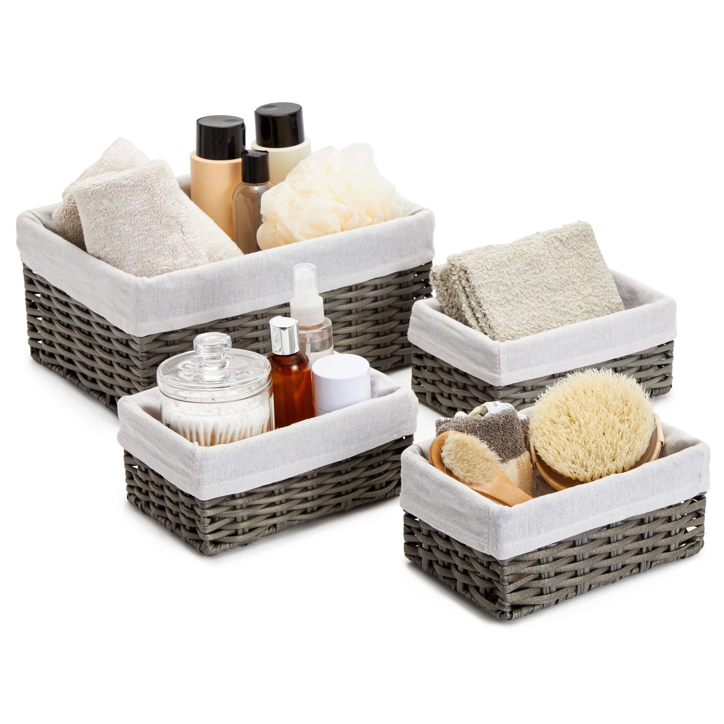 4 Pack Rectangular Wicker Storage Baskets with Liners - Small Decorative Bins for Organizing Shelves (2 Sizes, Gray)