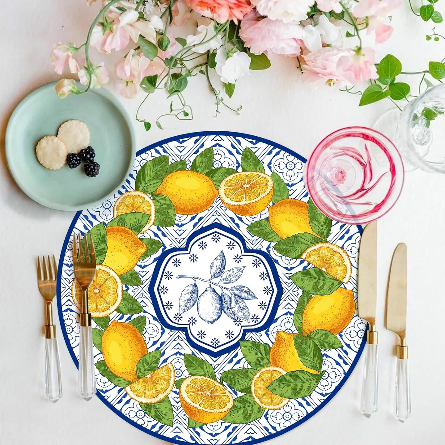 50 Pack Lemon Paper Placemats Disposable 50 Pack 13.7 Inch Cyan Blue Tiles Lemon Fruit Round Place Mats Summer Table Mats for Kitchen Dining Party Decoration