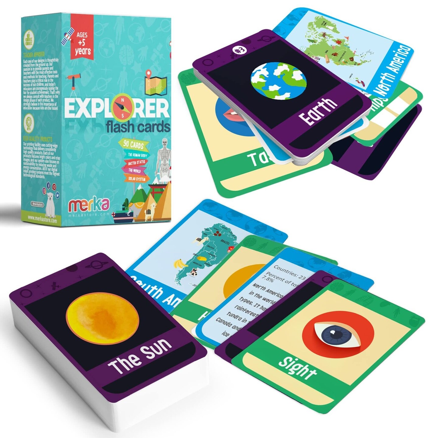 merka 90 Pack Science Flash Cards- Solar System for Kids, Human Body and Geography, Picture Cards for Kids&#x2019; Learning, Word Travel Games for Summer Vacation, Homeschool Supplies