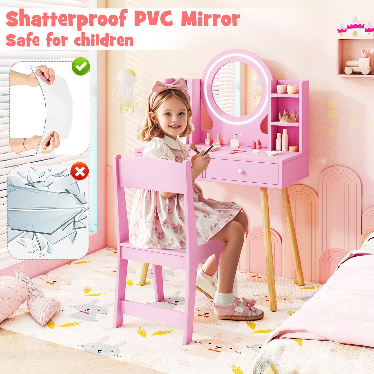MDF and Pine Wood Kids Vanity Set with LED Mirror, Storage and Chair