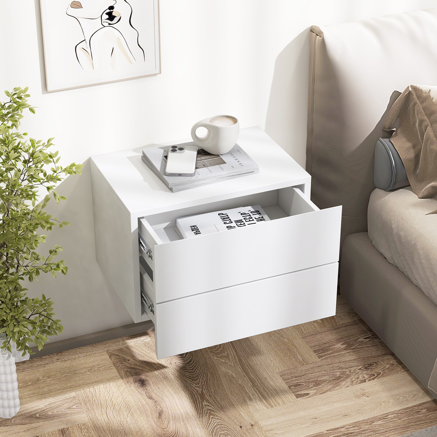 Floating Nightstand with 2 Drawers, Wall-Mounted and Modern Design