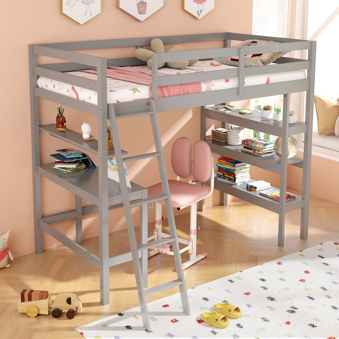Twin Loft Bed with Desk and Bookshelves for Kids and Teens