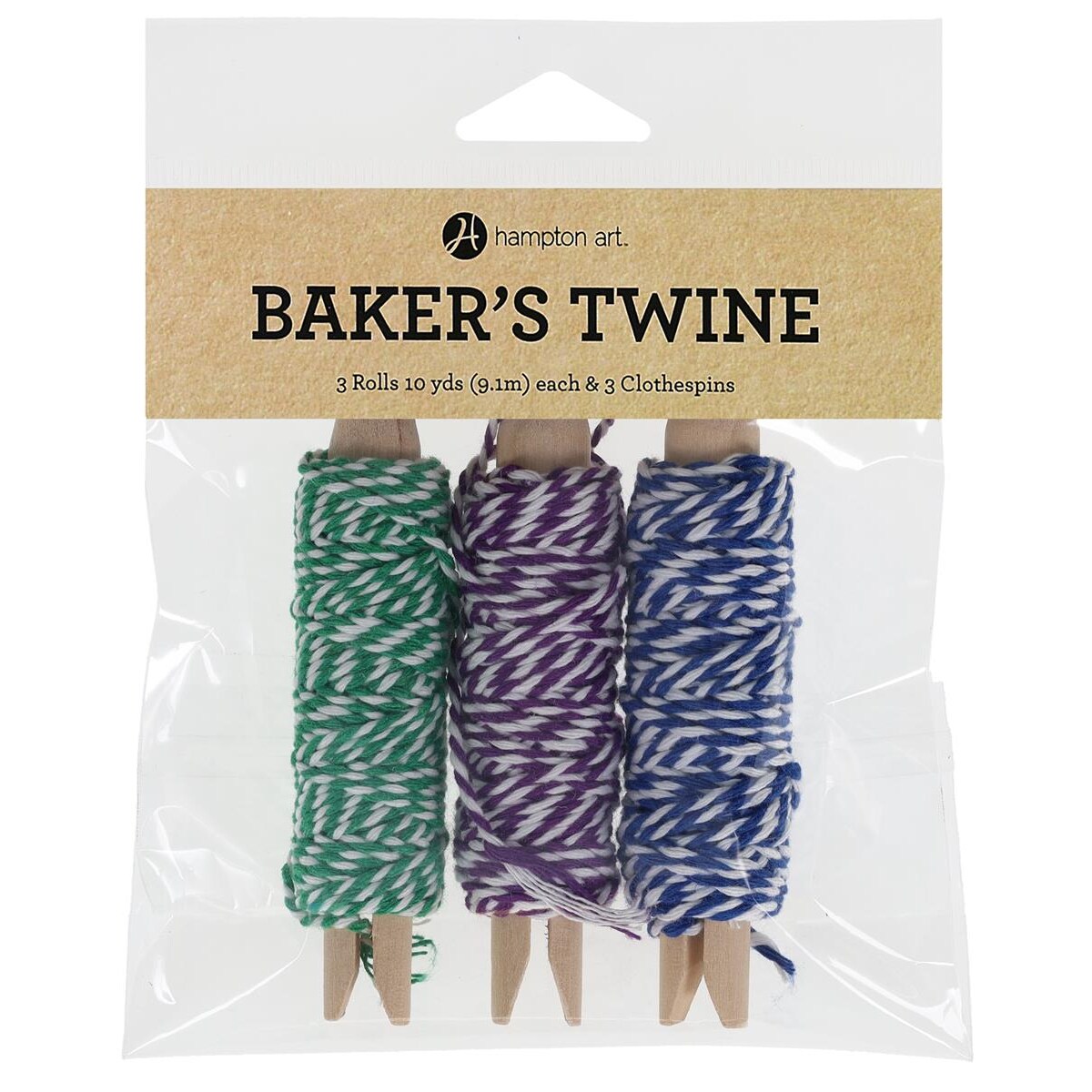 Hampton Art Bakers Twine Clothespin Set – Green, Blue, Purple 3pk, Decorative Twine for Crafts, Gift Wrapping, Scrapbooking, DIY String Projects, and Card Making