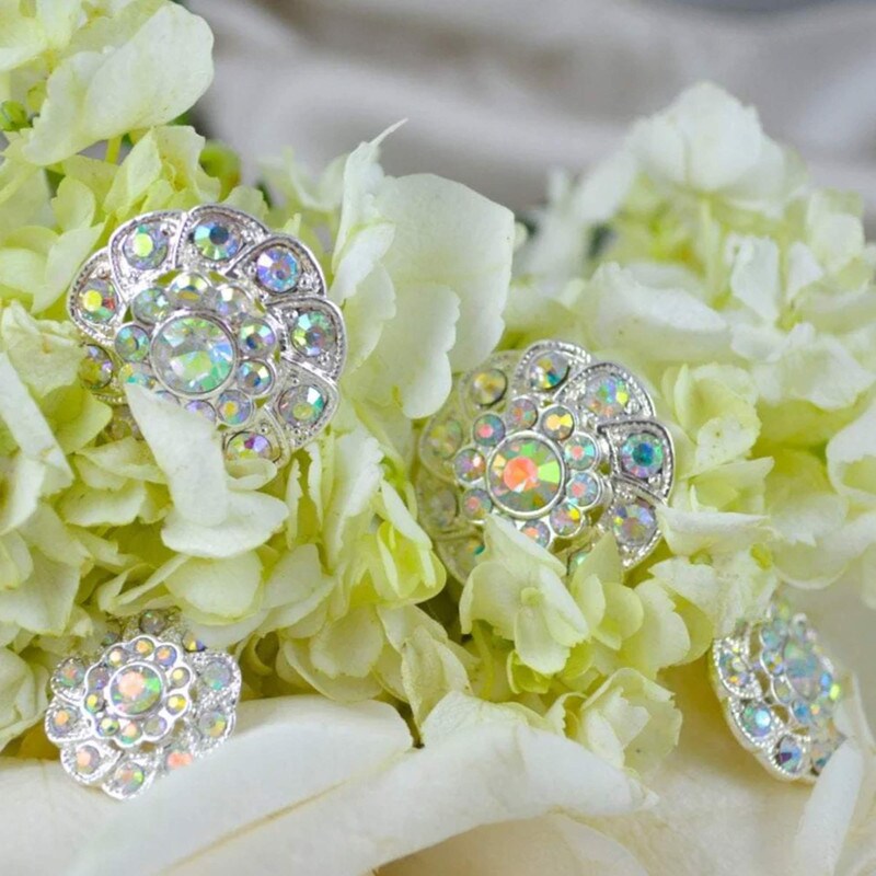 3/4&#x22; AB Rhinestone Silver Metal Flower Button 1 Piece