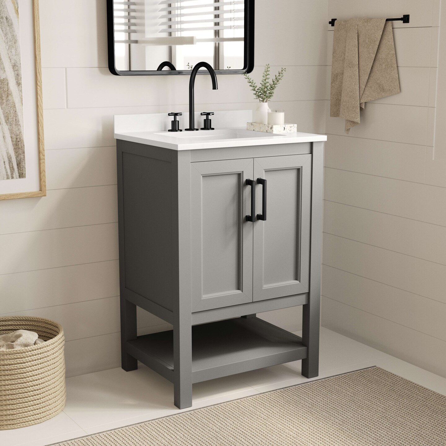 Merrick Lane Vigo Bathroom Vanity with Ceramic Sink, Carrara Marble Finish Countertop, Storage Cabinet with Soft Close Doors and Open Shelf