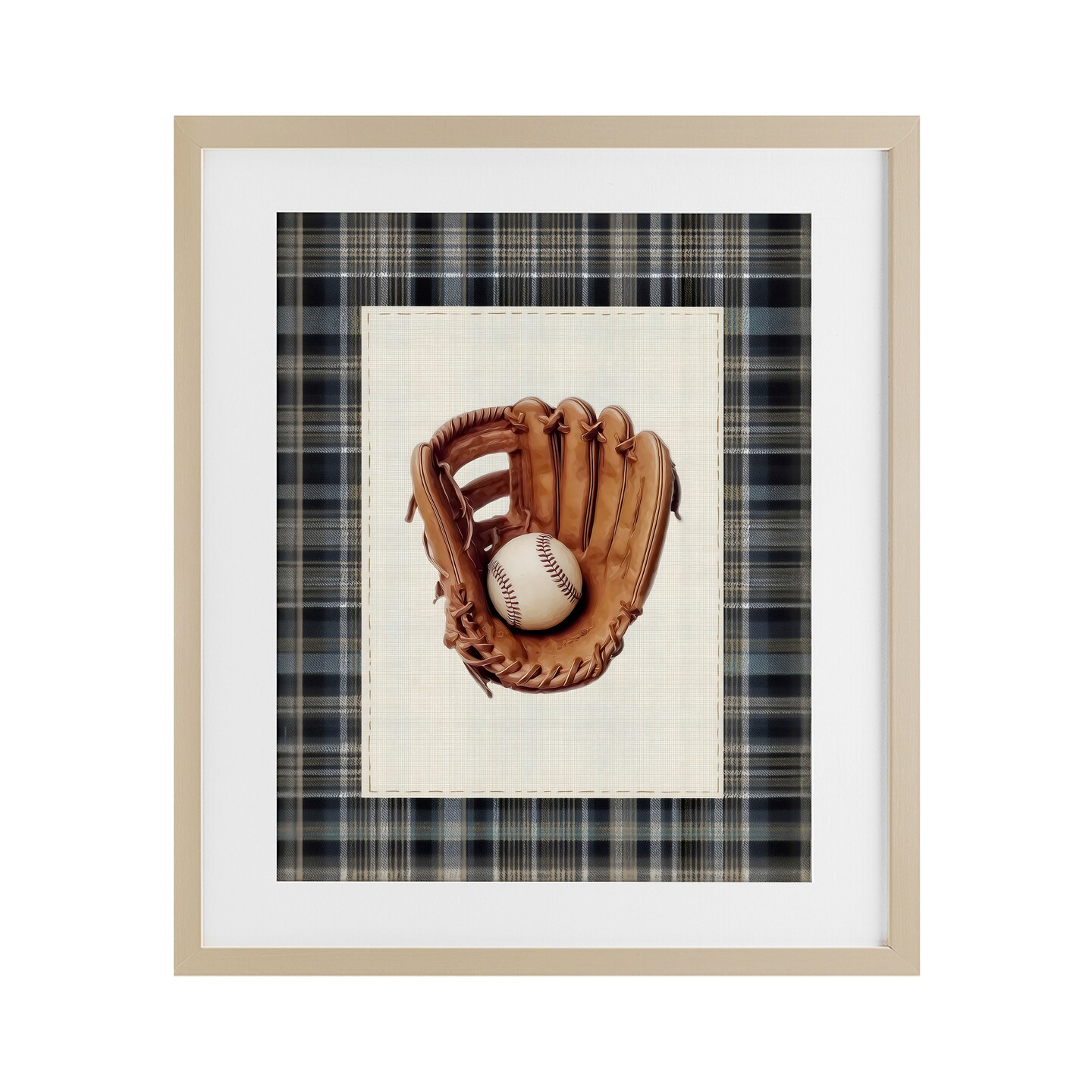 Stupell Industries Baseball Glove with Plaid Framed Print Under Glass, design by Arlington Prints