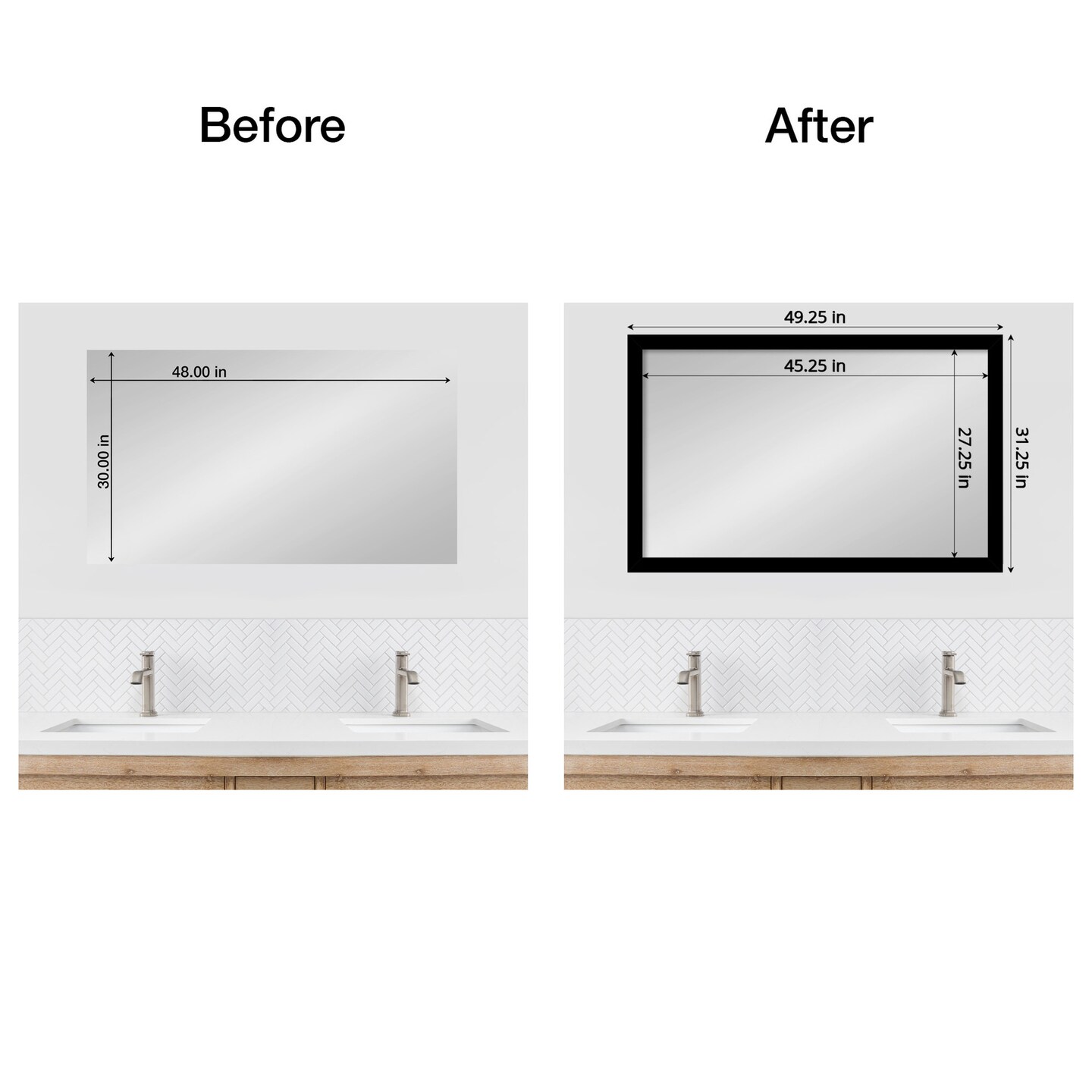 Amanti Art Mirror Makeover Bathroom Mirror Frame Border Kit - Fully Assembled Peel and Stick Frame - Mirror NOT Included - Brushed Black or Nickel  Trim