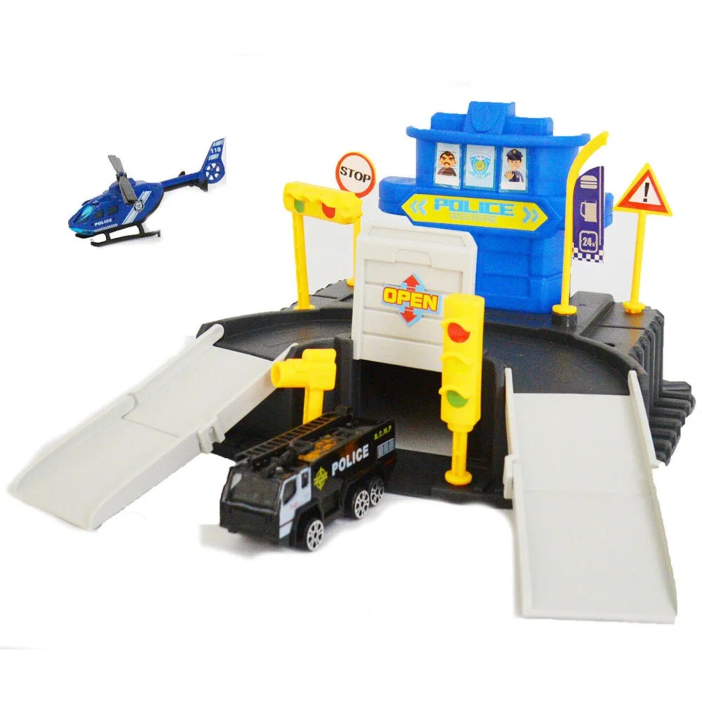 Kitcheniva Kids Police Station Playset Toy Gift With Ramps Garage Car Helicopter Map