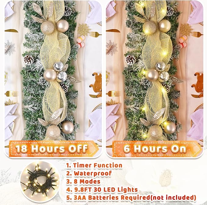 Luxury Christmas Garland for Mantle, Christmas Flocked Garland with Ribbons Gold Ball Pinecones, Christmas Garland Decor