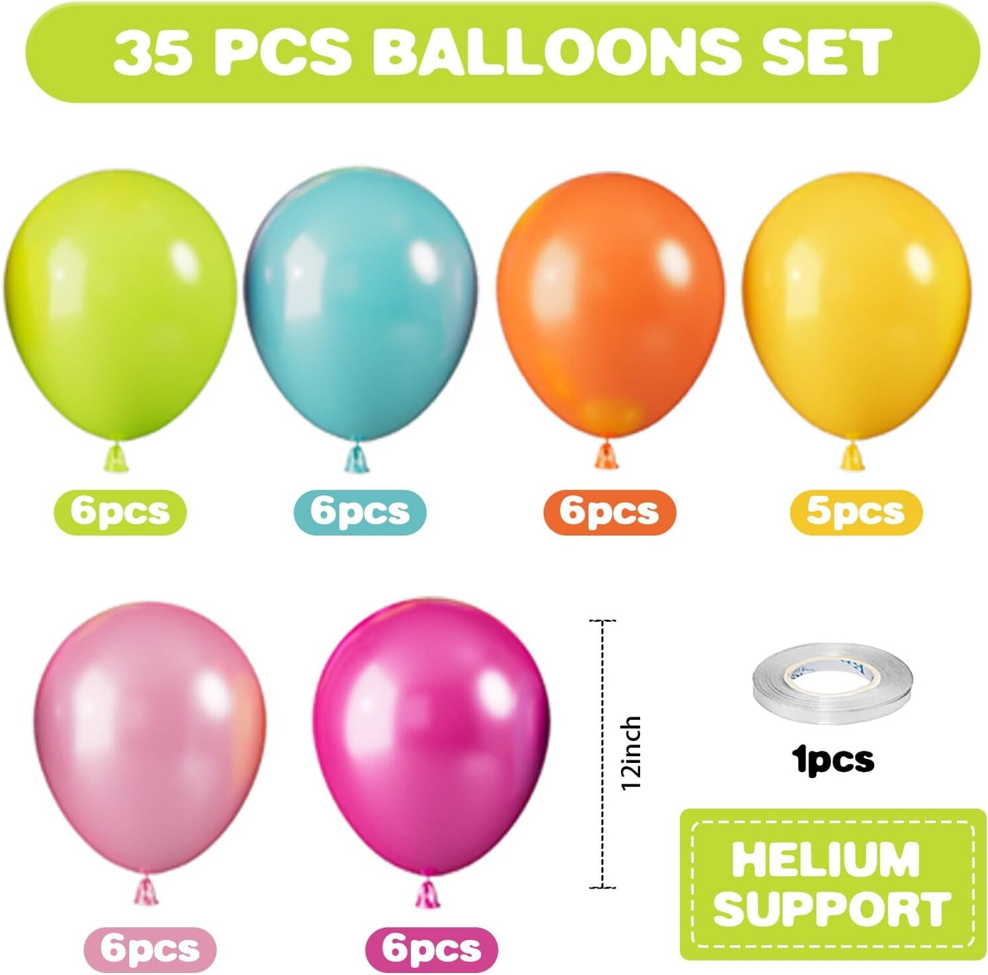 Tropical Colorful Balloons, 35 Pcs Pearl Hot Pink Teal Blue Yellow Fruit Green Latex Balloons (12 Inch)