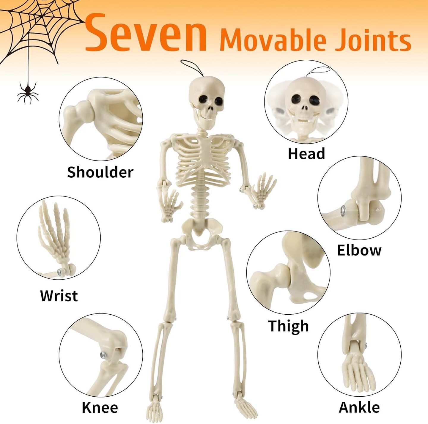 2 Pack Skeleton Decor With Wreathes, 16" Posable Plastic Mini Skeletons