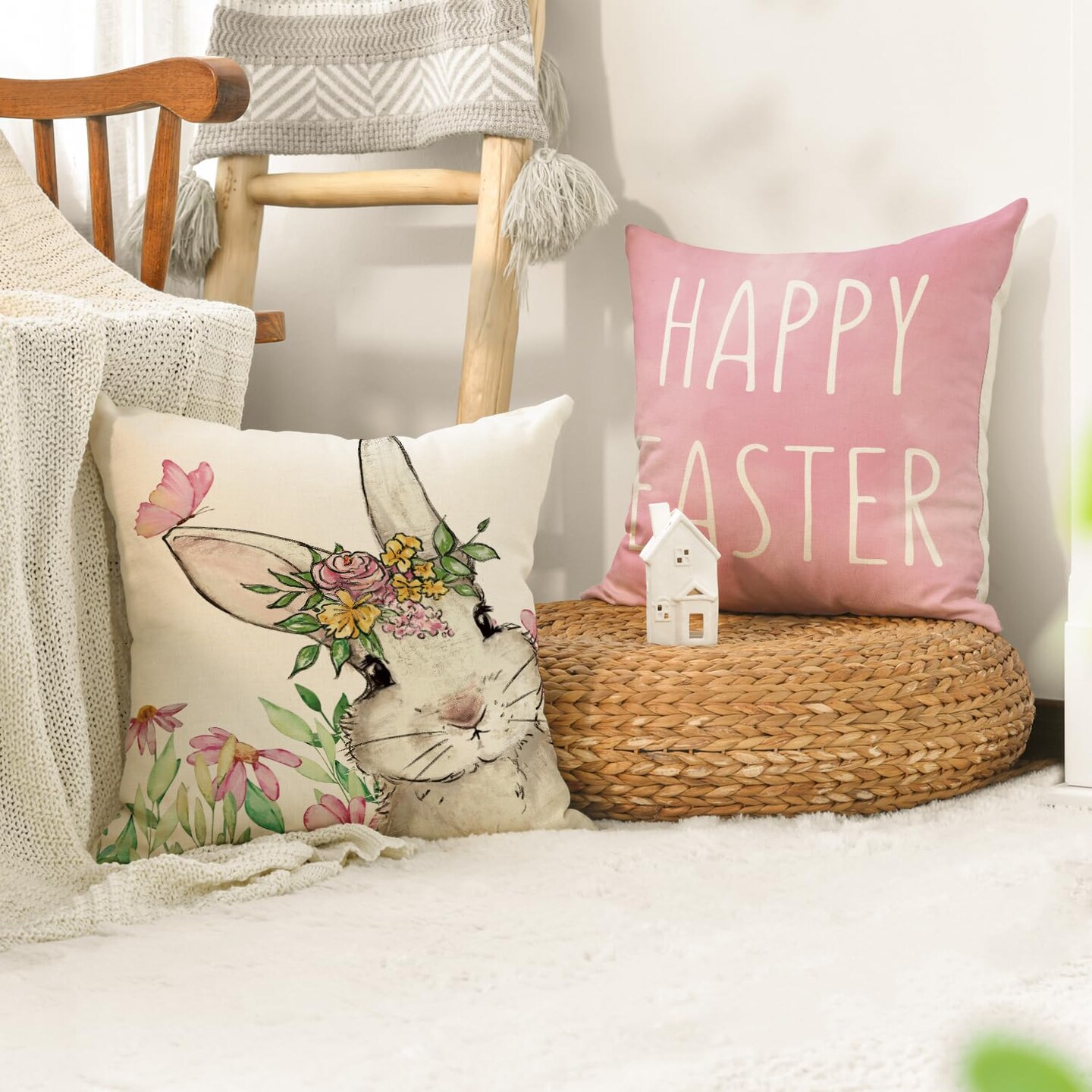 AVOIN colorlife Happy Easter Hunny Bunny Pink Throw Pillow Covers, 18 x 18 Inch Easter Eggs Bunny Spring Cushion Case for Sofa Couch Set of 4