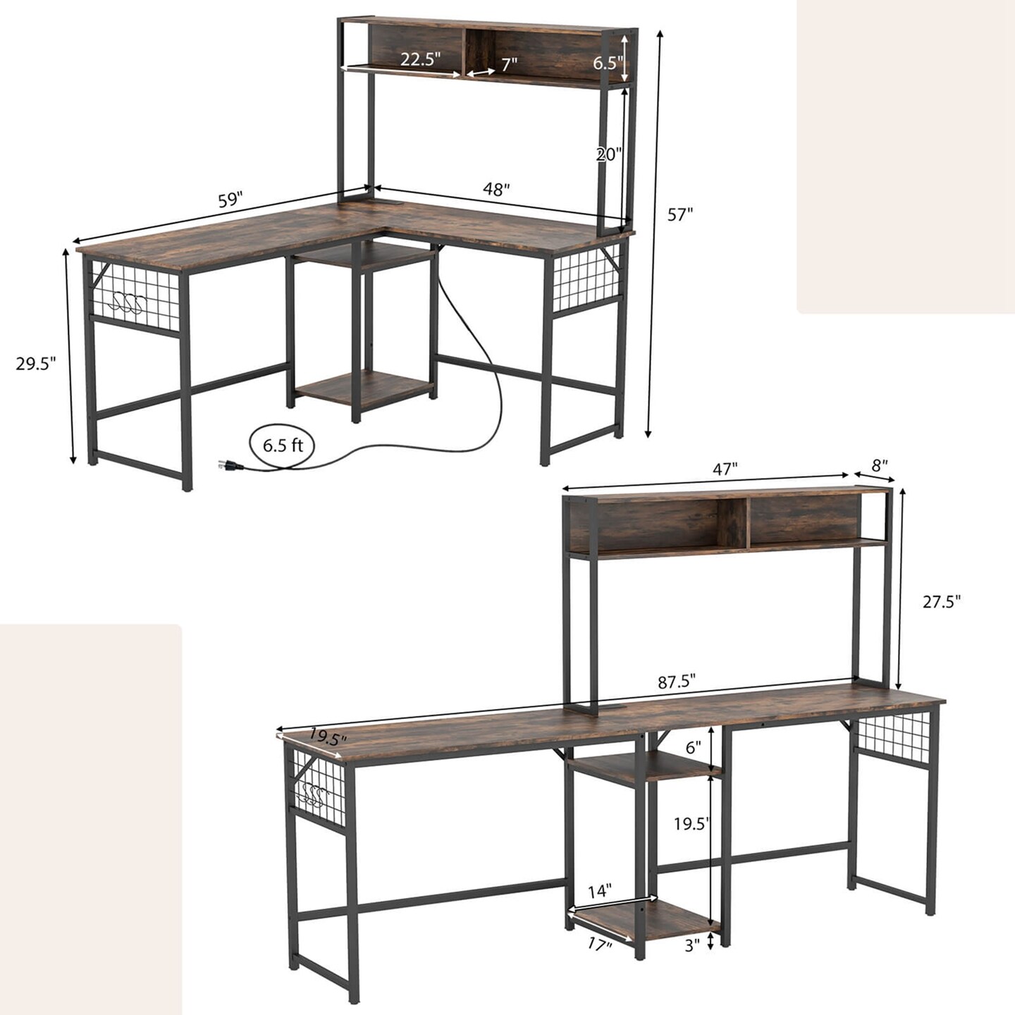 Costway L-shaped Desk with Power Outlet Large Corner Desk Converts to 2-Person Long Desk Rustic Brown/Black