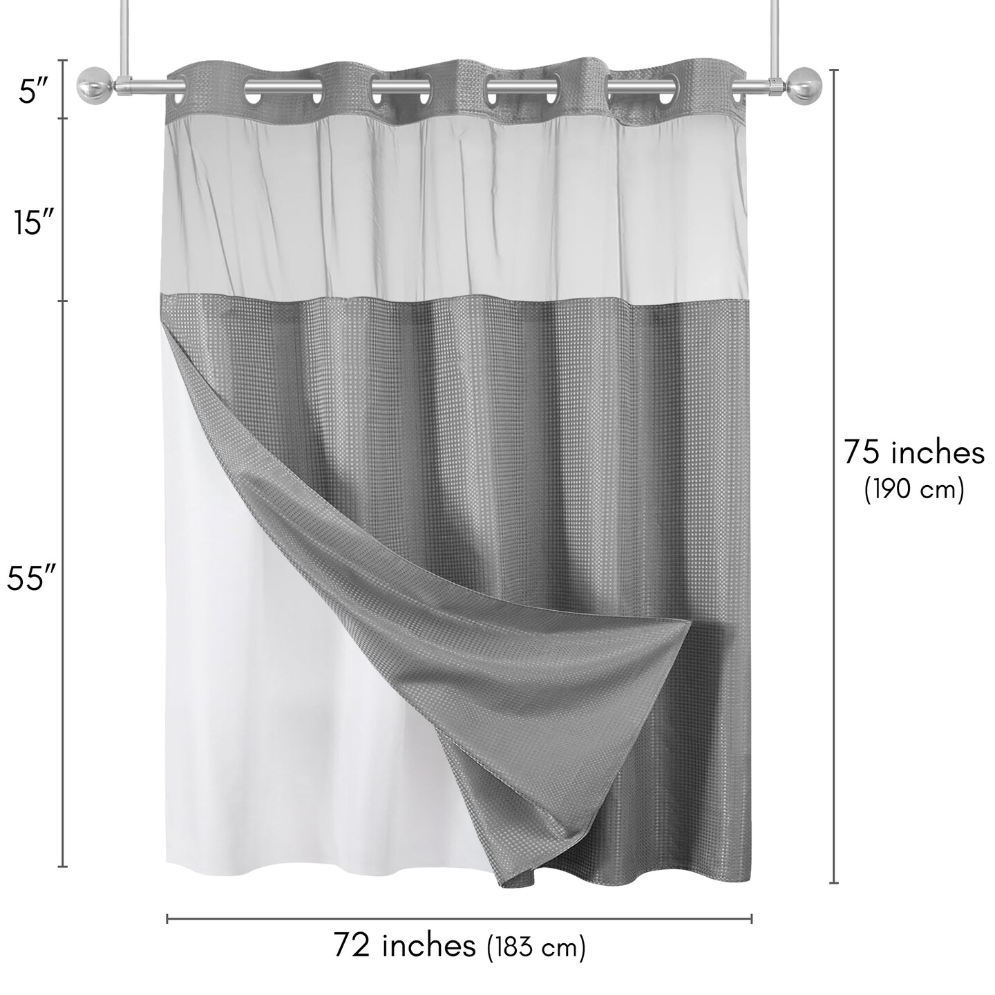 Americanflat 72x75 Hookless Waffle Pattern Shower Curtain - Water-Resistant Long Shower Curtain with Sheer Panel, Snap-In Liner, and Grommets