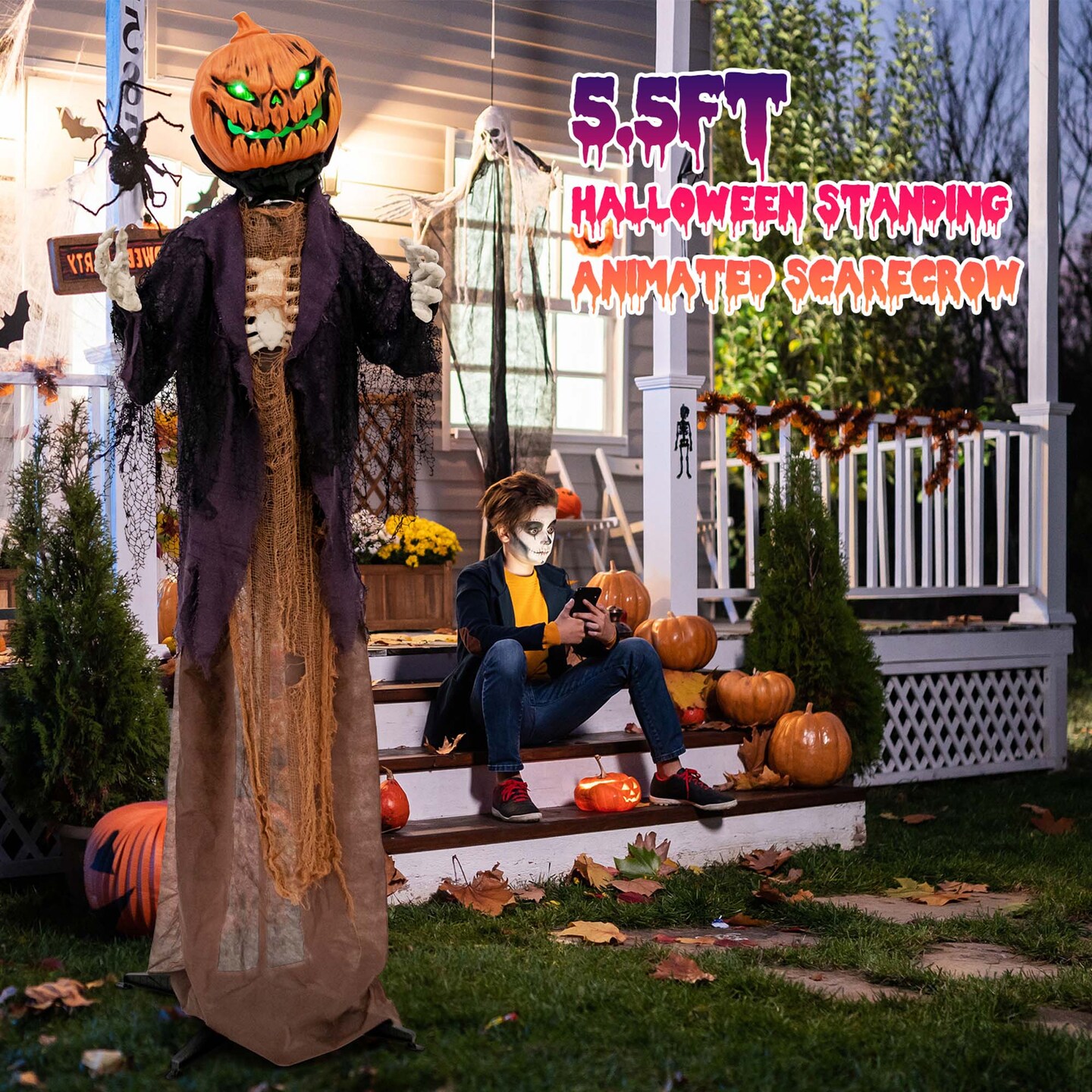 Costway 5.6 FT Halloween Animated Standing Pumpkin Scarecrow with Weird Phrases &#x26; LED Eyes