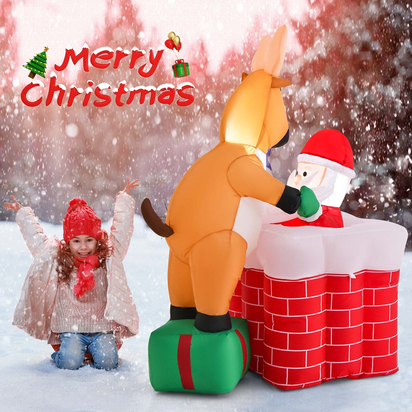 Costway 5 FT Christmas Inflatable Liftable Santa Claus Climbing Chimney Reindeer on Gift