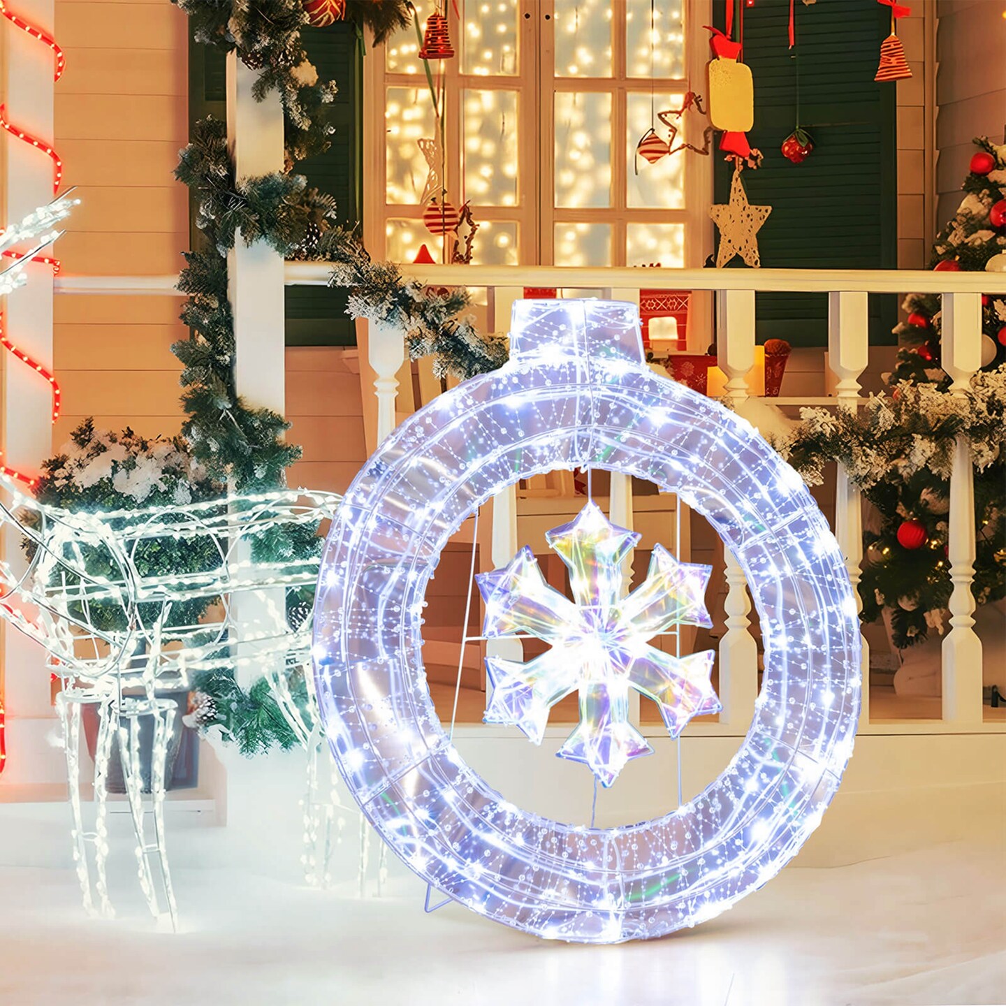 Costway 33&#x22; Lighted Ornament Pre-Lit Christmas Wreath with 128 Cold White LED Lights